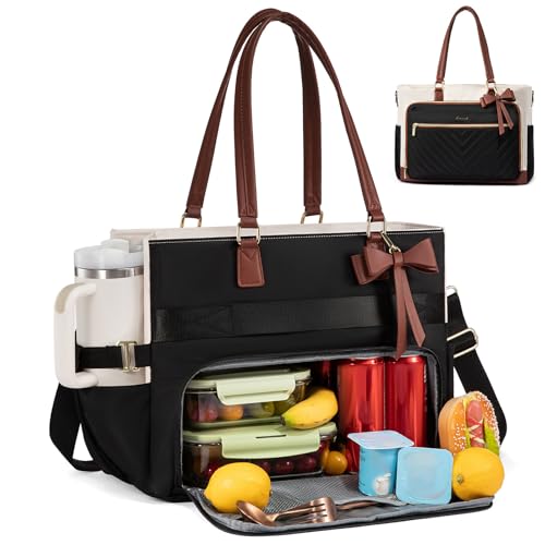 LOVEVOOK Lunch Bag, Tote Bag for Women with Insulated Lunch Compartment, Laptop Bag with Large Capacity & Cup Holder, Work Tote for Teacher, Nurse, Travel, College, Daily, Black-Beige-Brown, 15.6 Inch - color: Beige-black-brown, size: 15.6 Inch With Lunch