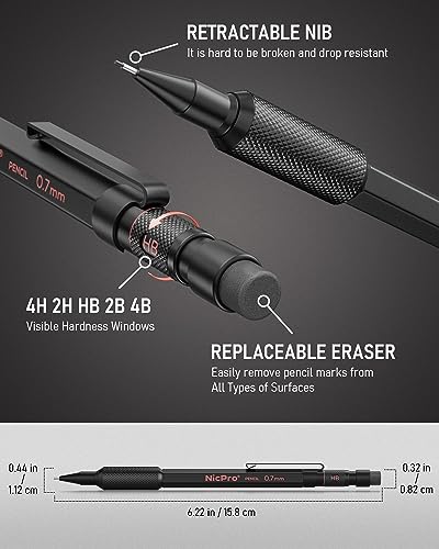 Nicpro 0.7 mm Mechanical Pencil Set with Case, 3PCS MP2000 Metal Artist Mechanical Pencil With 6 Tube HB Lead Refills, Eraser, Weatherproof Barrel for Outdoor Writing Drafting Drawing Sketching - size: 0.7mm