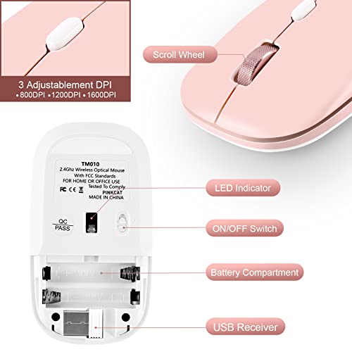 PINKCAT Wireless Flat Mouse, 2.4G Optical Mouse for Laptop, PC, Chromebook, Notebook, Especially Designed for Computer Bags (Pink) - color: Pink