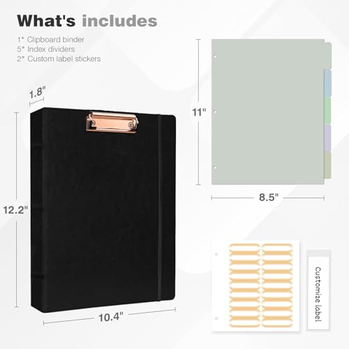 Ospelelf 3 Ring Clipboard Binder 1 Inch Leather for Letter Size (8.5" x 11"), Clipboard Binder with 5 Tab Dividers, Black - color: Black, size: Letter Size - 1 Inch