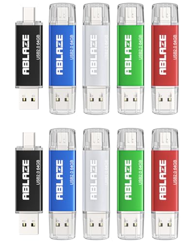 ABLAZE 64GB Type C Flash Drive 10 Pack, Dual USB 2.0+USB C Memory Stick Thumb Drive Compatible with iPhone 17/16/15, Android Smartphone, Computers,Tablets, Mac,iPad,PC - color: 10 Pack, size: 64GB
