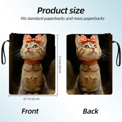 Padded Book Sleeve with Zipper & Front Pocket, Fabric Book Cover | Cute Tabby Cat Red Bow Tie11.4"x8.7" Washable Canvas Pouch for Hardcovers, Tablets & Reading Accessories - color: Cute Tabby Cat Red Bow Tie