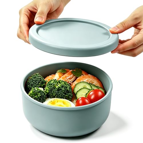 24 fl oz Adult Silicone Reusable Lunch Bento Bowl with Lid, Medium Airtight Food Storage Container for Cereal, Meal Prep & Leftovers, BPA Free, Microwave Fridge Dishwasher Safe (Grayish blue 1 Pack) - color: Grayish blue