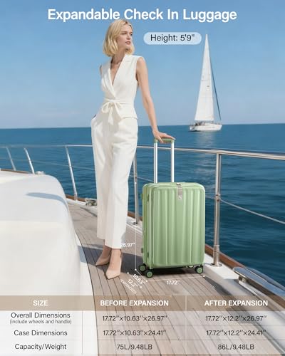 Hanke 24 Inch Expandable Luggage Top Opening Checked Bag Luggage Hard Shell Suitcases with Wheels Lightweight Travel Luggage Medium Suitcase with Lock for Woman Men-Bamboo Green - color: Bamboo Green, size: 24 Inch Expandable