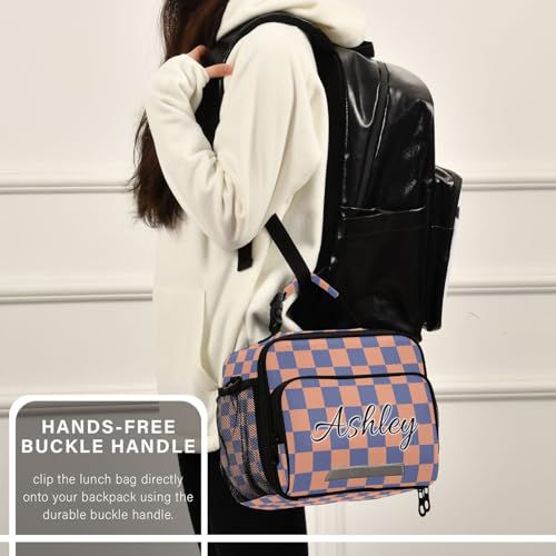 Custom Student Lunch Bag for Boys Girls Orange Blue Checkered Personalized Lunch Box With Name Insulated Cooler Bag for School Picnic Travel - color: Multi12