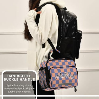 Custom Student Lunch Bag for Boys Girls Orange Blue Checkered Personalized Lunch Box With Name Insulated Cooler Bag for School Picnic Travel - color: Multi12