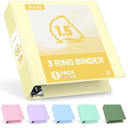 Sooez BinderX Extra Durable 1.5 Inch 3-Ring Binder, Holds 400 Sheets of 8.5x11 Paper, Customizable View Cover with Inside Pockets, Heavy Duty Binder for School, Yellow - color: Light Yellow, size: 1.5 inch