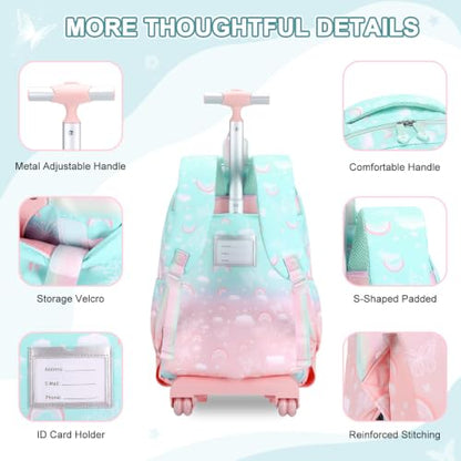 Scothen Rolling Backpack for Girls, 3PCS Roller School Backpacks for Girls with Lunch Bag and Pencil Pouch, Kids Bookbag Schoolbag with Wheels for Teen Girl Kindergarten Elementary Middle School - color: Green Pink
