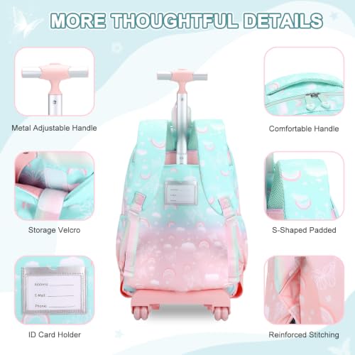 Scothen Rolling Backpack for Girls, 3PCS Roller School Backpacks for Girls with Lunch Bag and Pencil Pouch, Kids Bookbag Schoolbag with Wheels for Teen Girl Kindergarten Elementary Middle School - color: Green Pink