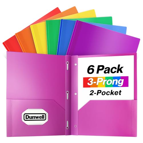 Dunwell Plastic 2 Pocket Folders with 3 Prongs, (6 Pack, Assorted Colors), 3-Clasp Folders with Fasteners, Tear-Resistant, Long Lasting Acid-Free Poly, Includes Labels - color: 6 Vibrant, size: 6 Pack