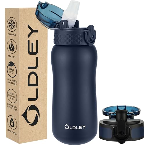 Oldley Insulated Water Bottle 12oz Water Bottles with Straw, Stainless Steel Water Bottle with 2 Lids, Double Wall Vacuum Bottels for Adults Kids,Leak-Proof Sport Bottles for School Travel, Navy Blue - color: Navy Blue, size: 12 Ounces
