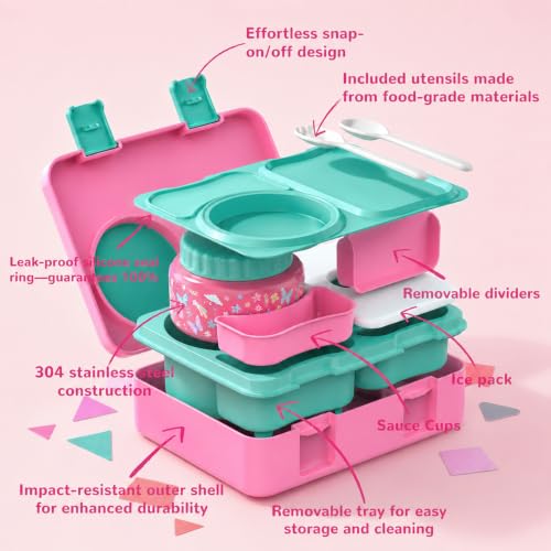 Kids Lunch Box with Thermo, Leakproof Bento Box for Kids with 8OZ Insulated Food Jar, Ice Pack, Sauce Cup, Utensils, Removable Tray & Dividers for School Daycare Travel (Rainbow butterflies) - color: Rainbow butterflies