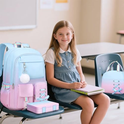 Scothen Backpack for Girls with Bento Lunch Box Set, School Bag Bookbag for Teens Girls Kids Student, 43oz Lunch Containers Lunchbox, Insulated Lunch Bag & Pencial Case, Back to School Gifts - color: Blue Pink