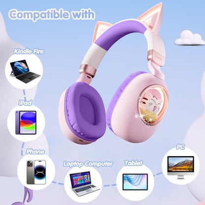 Kids Headphones Bluetooth 5.4 - Cat Ear LED Light Up Noise Cancelling Wireless Headphones with Mic, 85dB Volume Limited, Wired & Wireless Mode for Travel/School/iPad - color: Pink Purple