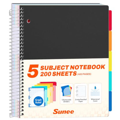 SUNEE 5 Subject Graph Paper Notebook - 400 Pages, 9"x11", 4x4 Graph Ruled Notebook, 5 Pocket Colored Dividers, 3-Hole Punched Paper, Black - color: Black, style: Graph Ruled