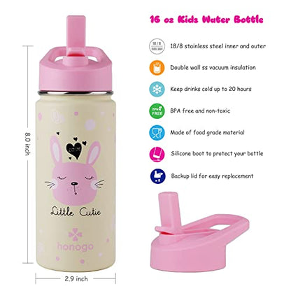 16 oz Stainless Steel Insulated Kids Water Bottle, Leak Proof Metal Thermal Flask with Straw lid, Cute Toddler Tumbler Cup for School Girls & Boys (Pink, Bunny) - color: Pink, Bunny
