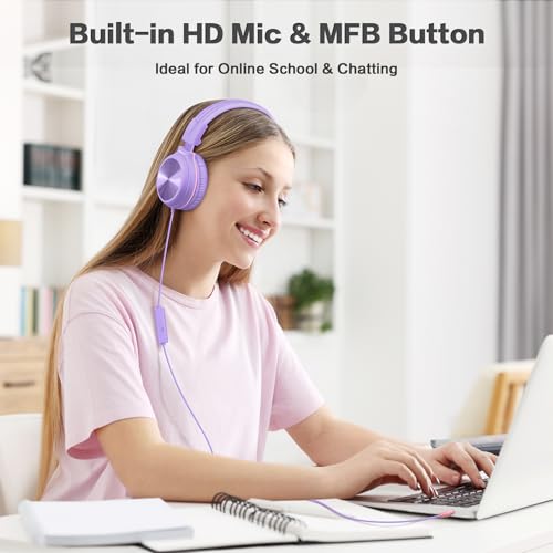 SIMOLIO Stereo Wired Headphones Teens Adult Kid Youth w/Mic & Volume Control & Volume Limited & Share Port & 3.5mm Jack, Safe Volume Durable Foldable Headset for Online School Gaming PC Laptop Travel