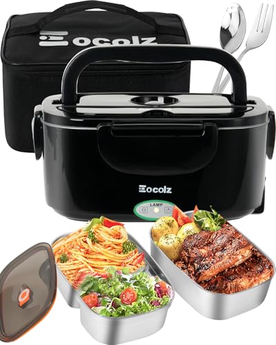 Eocolz Electric Lunch Box Food Heater 80-100W, Food Warmer with Dual Container 1.5L Portable Heated Lunch Box for Car Truck Work Stainless Steel Fork & Spoon 12/24/110V for Adults Lonchera Eléctrica - color: Black