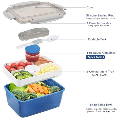64 oz Salad Containers To Go for Lunch,3 Pack Salad Bowls Bento Lunch Boxes | Large Bento Box with Dressing Pots & 5-Compartments Tray, Food Storage Meal Prep Containers Microwave Dishwasher Safe - color: Dark Green&Rose Red&Dark Blue