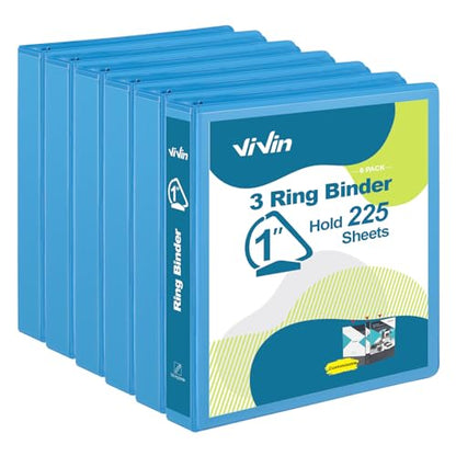 ViVin Sturdy 1 Inch D Ring Binders, 3 Ring Binders with 2 Pockets, Hold 225 Sheets of US Letter Size Paper for Office,Home,School, 6 Pack (Light Blue) - color: Light Blue, size: 1 Inch