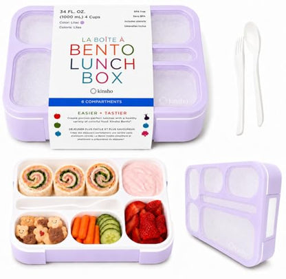kinsho Glitter Lunch Box Bento-Boxes for Girls, Meal and Snack Containers for Toddler Daycare, School, Travel, 6 Divided Sections, Cute Bentobox, Leak-Resistant, Utensils, Purple Lilac Sparkle - color: Purple Glitter