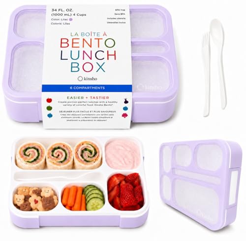 kinsho Glitter Lunch Box Bento-Boxes for Girls, Meal and Snack Containers for Toddler Daycare, School, Travel, 6 Divided Sections, Cute Bentobox, Leak-Resistant, Utensils, Purple Lilac Sparkle - color: Purple Glitter