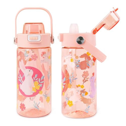 20oz Kids Water Bottle For School or Travel, Leak-Proof & Dishwasher, Durable Plastic Sport Water Bottle With Straw and Handle, Rabbit - color: Pink rabbit