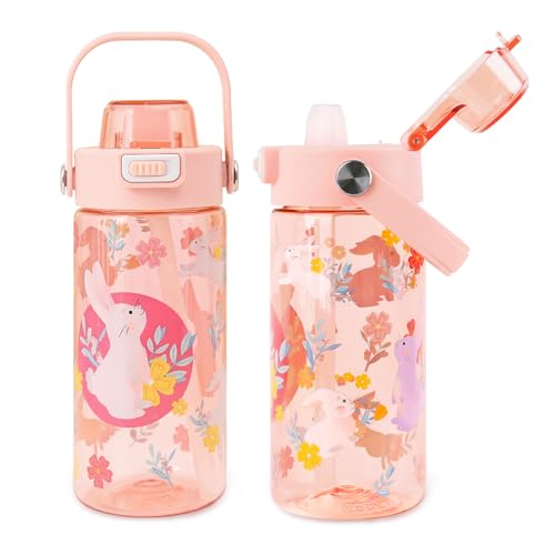 20oz Kids Water Bottle For School or Travel, Leak-Proof & Dishwasher, Durable Plastic Sport Water Bottle With Straw and Handle, Rabbit - color: Pink rabbit