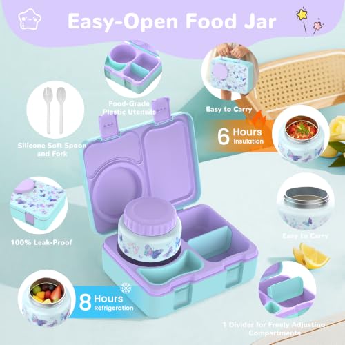 Bento Lunch Box for Kids Adult, Leakproof 3-4 Compartment Bento Box Set with Insulated Food Jar,Water Bottle, Lunch Bag, School Lunch Container for Toddler Teen Girls Boys Ages 3+(Butterfly) - color: Butterfly