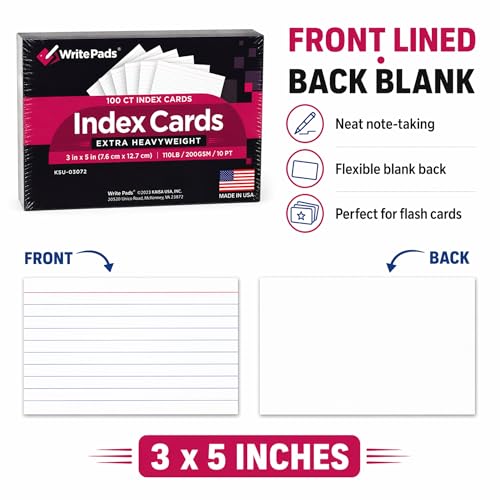 Heavyweight 3x5 Index Cards, Extra Thick Note Cards, Front Lined Back Blank Flash Cards, 110lb / 200gsm / 10pt Cardstock, 100 Sheets, Made in USA, for Studying, Classroom, Office Notes & Organization - color: White 3X5-100 Sheets Heavyweight