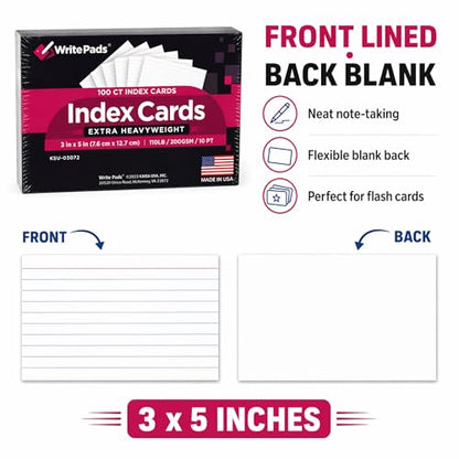 Heavyweight 3x5 Index Cards, Extra Thick Note Cards, Front Lined Back Blank Flash Cards, 110lb / 200gsm / 10pt Cardstock, 100 Sheets, Made in USA, for Studying, Classroom, Office Notes & Organization - color: White 3X5-100 Sheets Heavyweight