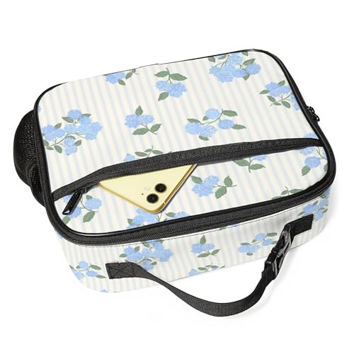 WOBAGMEN Large Lunch Box, Insulated Reusable Lunch Bag with Water Bottle Holder Portable Waterproof Leakproof Lunch Tote Bag Cute Lunch Box(Hydrangea Stripe) - color: Hydrangea Stripe