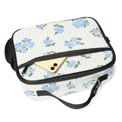 WOBAGMEN Large Lunch Box, Insulated Reusable Lunch Bag with Water Bottle Holder Portable Waterproof Leakproof Lunch Tote Bag Cute Lunch Box(Hydrangea Stripe) - color: Hydrangea Stripe
