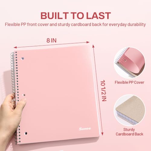 SUNEE Spiral Notebook, 1-Subject, Graph Ruled Paper, 8" x 10-1/2", 100 Sheets per Notebook, 3-Hole Punched Paper, Water Resistant Cover, Spiral Grid Notebooks for Work, Home, School, Writing, Pink - color: Pink