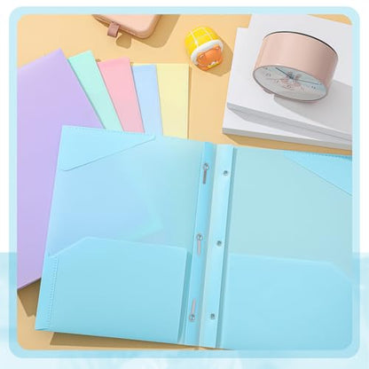 Yeaqee 12 Pcs Pastel Folders with Pockets and Prongs Plastic Folder 2 Pockets 3 Prongs with Card Slot for Office, School for Students, Teachers, Office Workers - color: Pastel