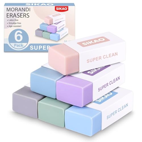 Morandi Erasers, 6 Pack Aesthetic Block Pencil Erasers | Soft Neutral Colors, Smudge-Free Latex-Free Erasers for School, Office, Journaling & Drawing - style: Morandi