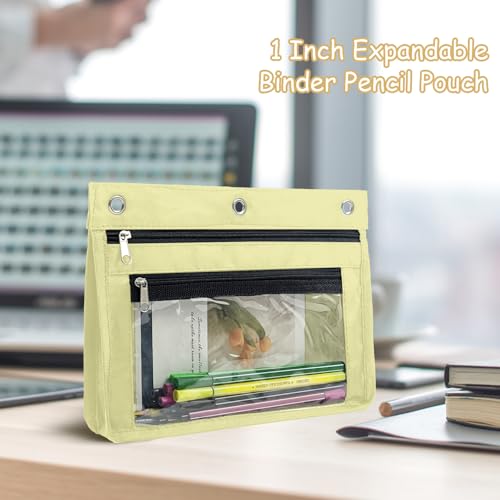 YoeeJob 1 Pack Pencil Pouch for 3 Ring Binder, Expandable Binder Pouches with Zipper, Large Capacity Pen Holder Case with Clear Window School Class Office Organizers, Beige - color: Beige