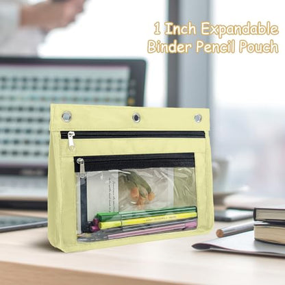 YoeeJob 1 Pack Pencil Pouch for 3 Ring Binder, Expandable Binder Pouches with Zipper, Large Capacity Pen Holder Case with Clear Window School Class Office Organizers, Beige - color: Beige