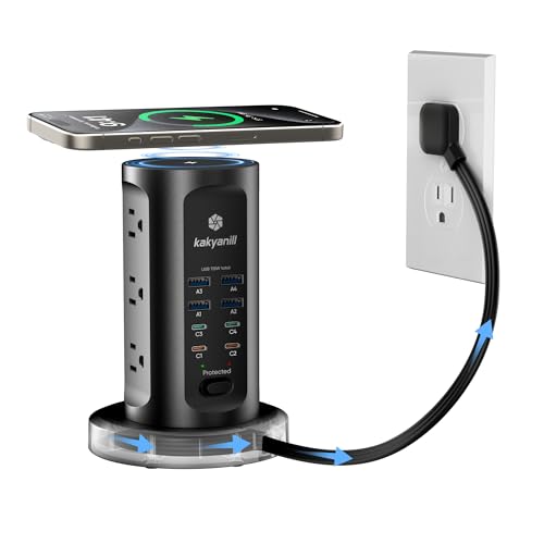 Kakyanill 115W USB Charging Station, Power Strip Tower, 9 AC Outlets with 8 USB Ports(4 USB-C), 6Ft Flat Plug Retractable Extension Cord, for Home Office Dorm, Black - color: Black&Orange