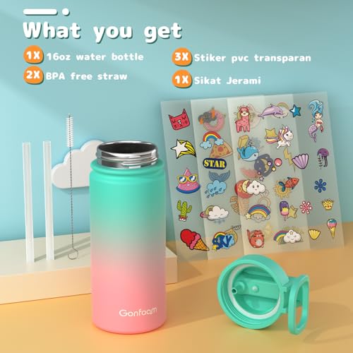 Gonfoam 16oz Kids Stainless Steel Insulated Water Bottle | DIY Stickers, BPA-free, Leak-proof, Sturdy, Keeps Cold 24h, Easy to Carry, Easy to Clean, Back to School, Gifts - color: Green and Pink, size: 16 Ounces