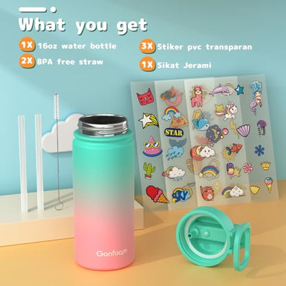 Gonfoam 16oz Kids Stainless Steel Insulated Water Bottle | DIY Stickers, BPA-free, Leak-proof, Sturdy, Keeps Cold 24h, Easy to Carry, Easy to Clean, Back to School, Gifts - color: Green and Pink, size: 16 Ounces