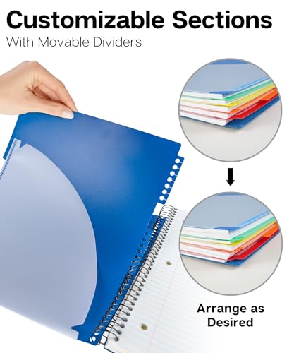 Dunwell 5-Subject Spiral Notebook, College Ruled (Blue), Colorful Movable Pocket Dividers with Tabs, Front/Back Plastic Covers, 200 Sheets (400 Pages) of 3-Hole Punch Perforated 8.5x11 Paper - color: Blue