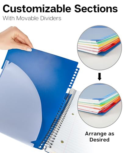 Dunwell 5-Subject Spiral Notebook, College Ruled (Blue), Colorful Movable Pocket Dividers with Tabs, Front/Back Plastic Covers, 200 Sheets (400 Pages) of 3-Hole Punch Perforated 8.5x11 Paper - color: Blue