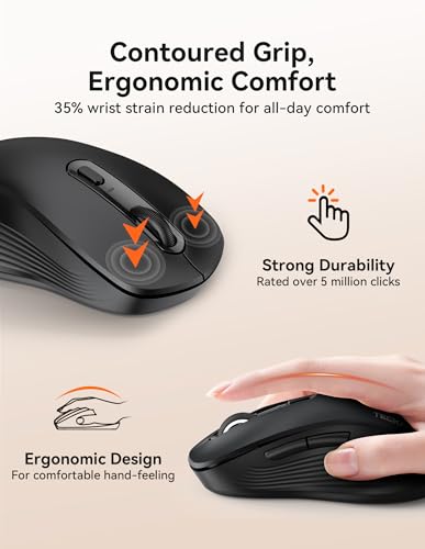 TECKNET Bluetooth Mouse, [ USB + BT1 + BT2 ] Wireless Mouse for Laptop, Silent Click, Ergonomic Design, 4800 DPI Computer Mice Wireless, Dual Mode for Laptop, Computer, iPad, MacBook - color: Black