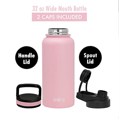MIRA 32 oz Insulated Sports Bottle - Stainless Steel Temperature Control Thermo - Easy-Drink Spout (24Hr Cold/12Hr Hot) - Taffy Pink - color: Taffy Pink - 2 Lids