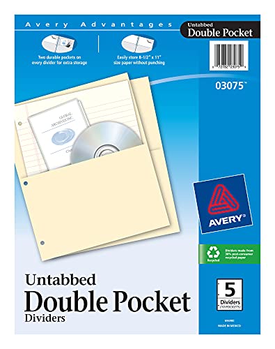 Avery Untabbed Double Pocket Dividers for 3 Ring Binders, Manila, Pack of 5 Dividers (03075) - size: 5 Count (Pack of 1)