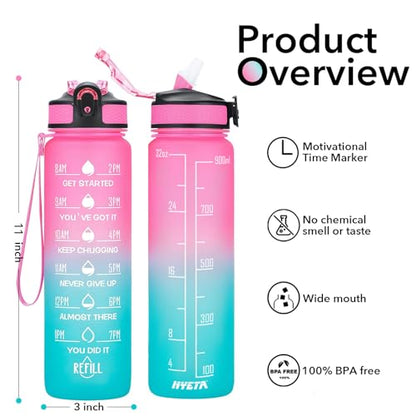Hyeta Water Bottle with Straw & Time Marker, Plastic 32oz Leakproof | Motivational Tritan BPA Free Gym Office Outdoor Intake Tracker Hourly Reminder Straw Lid Carry Strap - color: Pink-Green