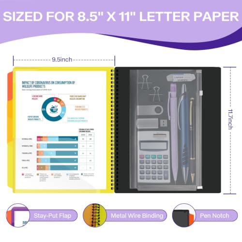 Binditek 1 Pack 24 Pocket Poly Project Organizer with 12 Dividers, Heavyduty Folder with Customizable Front Cover, Metal Wire Binding Spine, Extra Zipper Pouch, Letter Size, Office Supplies - color: 24 Pockets, style: 1 Pack