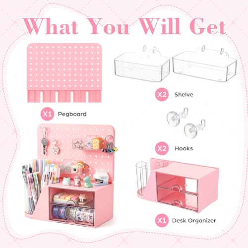 Novabright Desk Organizer with Drawers, Rotating Pen Holder with 5 Slots & Pegboard, Back to School & First Day of School Gifts, Multifunctional Desktop Storage for Desk Home Office Supplies(Pink)