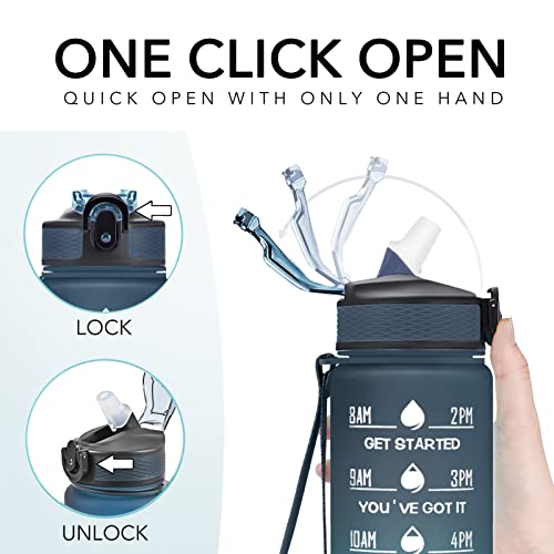 Hyeta Water Bottle with Straw & Time Marker, Plastic 32oz Leakproof | Motivational Tritan BPA Free Gym Office Outdoor Intake Tracker Hourly Reminder Straw Lid Carry Strap - color: Navy-Blue-Green